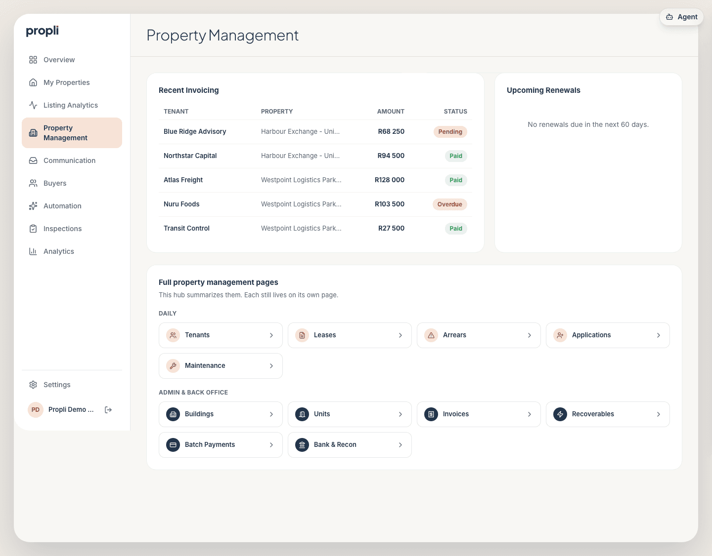 Propli property management screen with recent invoices marked pending, paid or overdue, and upcoming renewals (sample data)